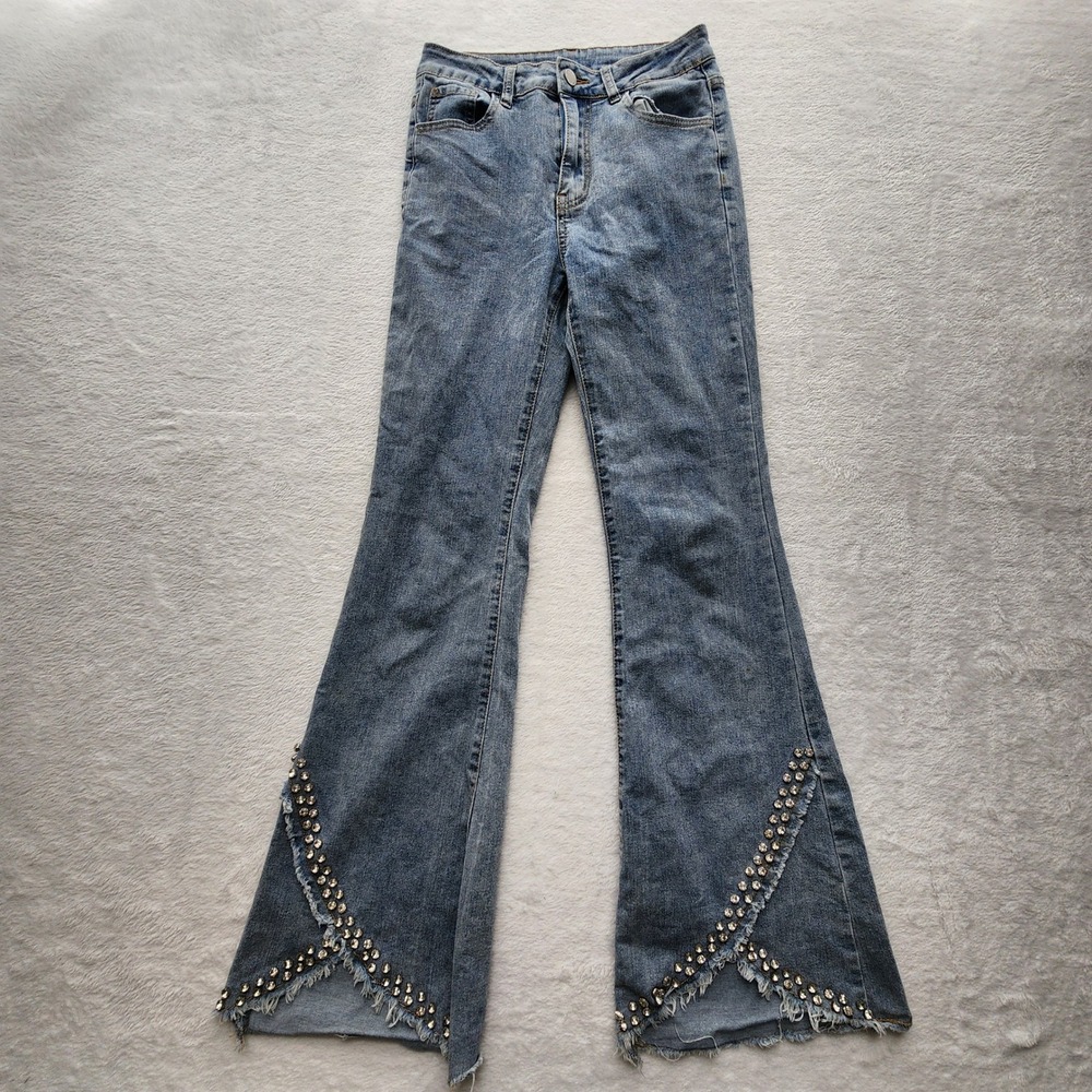 Flare Jeans Womens 27W 30.5L Blue Rhinestone Hem Distressed Y2K Boho‎ Festival